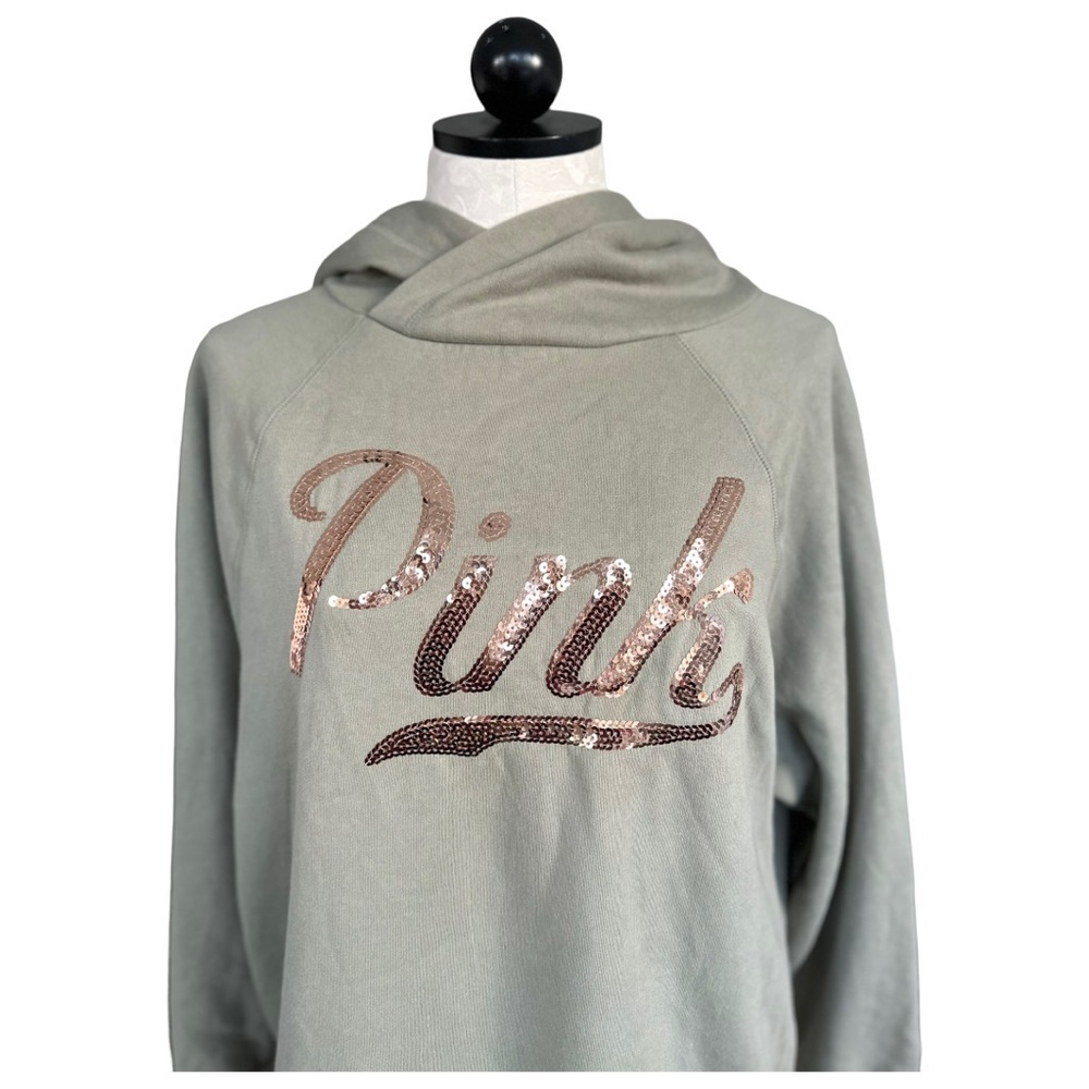 PINK Victoria's Secret Sequin Hoodie Light Green with Pink Sequins Size XS - Picture 6 of 15